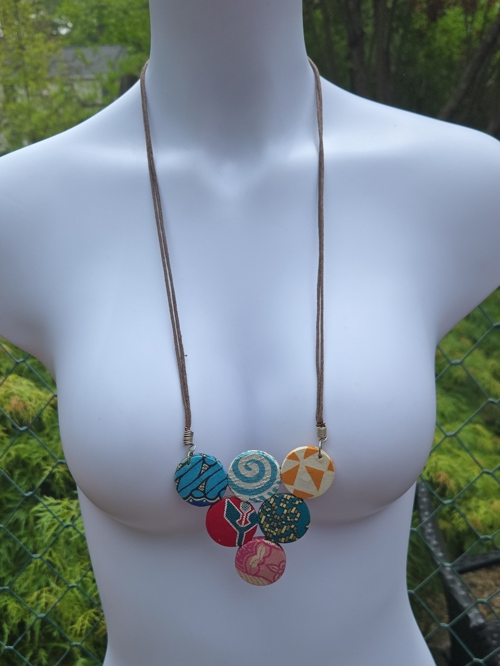 Multicolor Disc Statement Necklace with Cream Cord - Women Jewelry